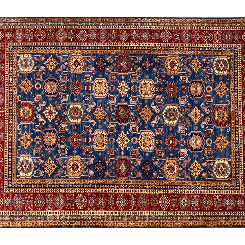 Kazak blue base with red border rug full detail