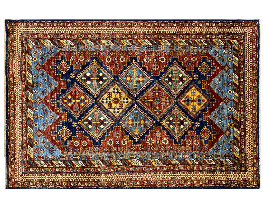 Makmal transitional blue and red rug full detail