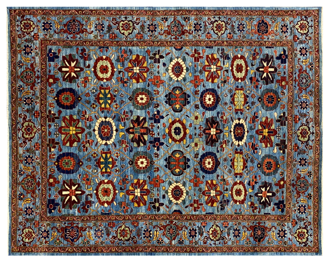 Aryana light blue and red rug full detail