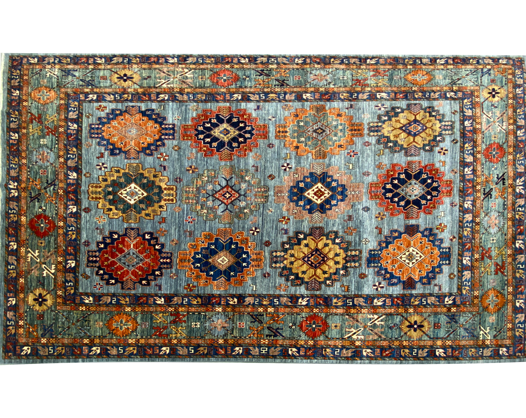 Aryana light blue base green border rug full detail