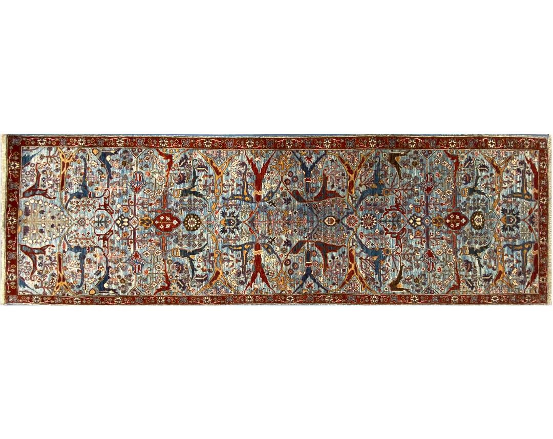 Nooristan blue and red rug full detail