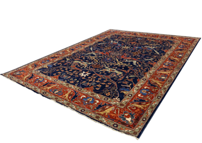 Aryana tribal wool rug navy red rust front angle