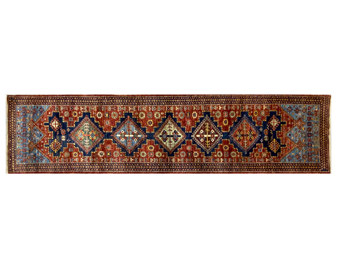 Makmal tribal rug runner red rust navyfull detail