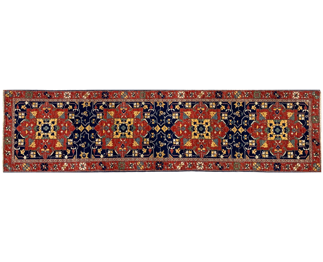 Star Oushak rug runner nave and red full detail