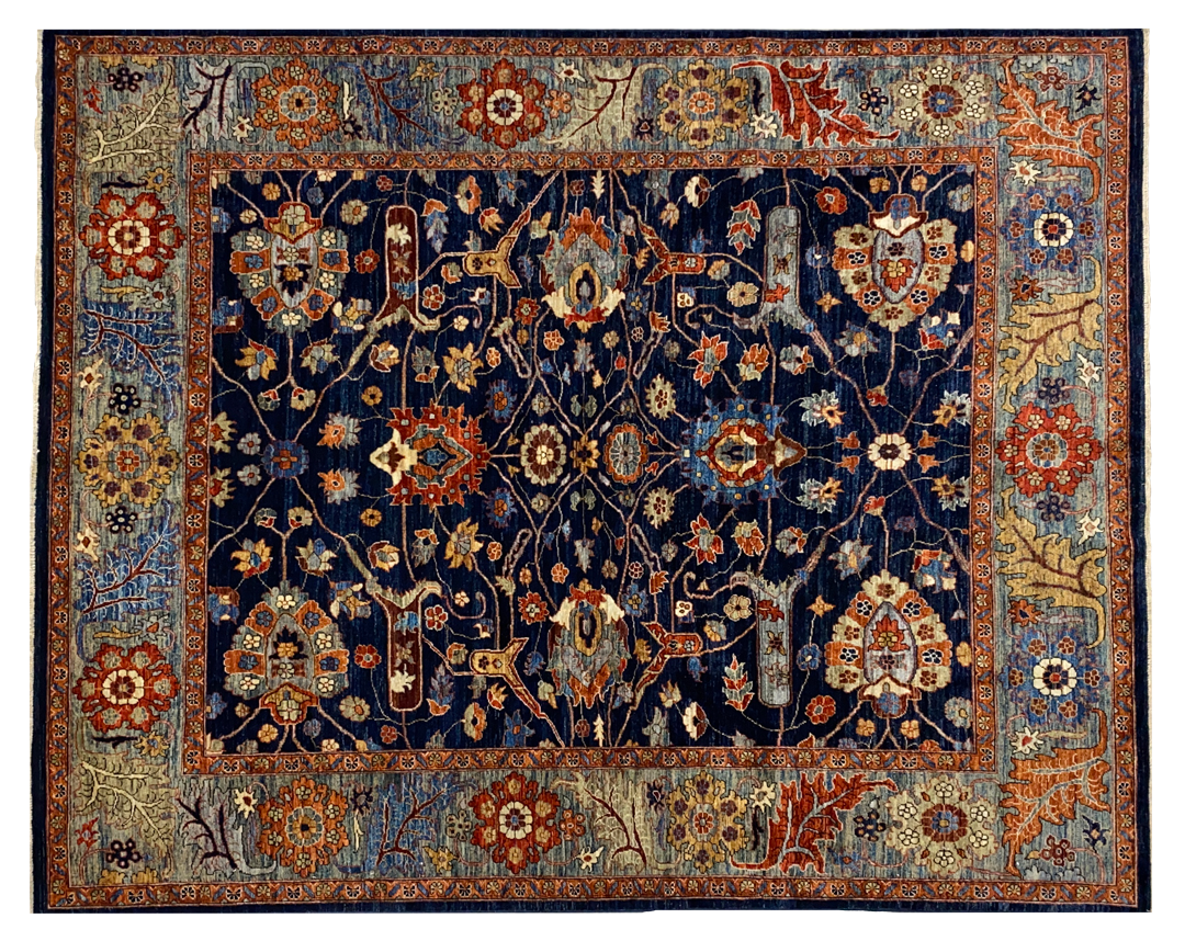 Aryana tribal rug blue base multicolor full detail