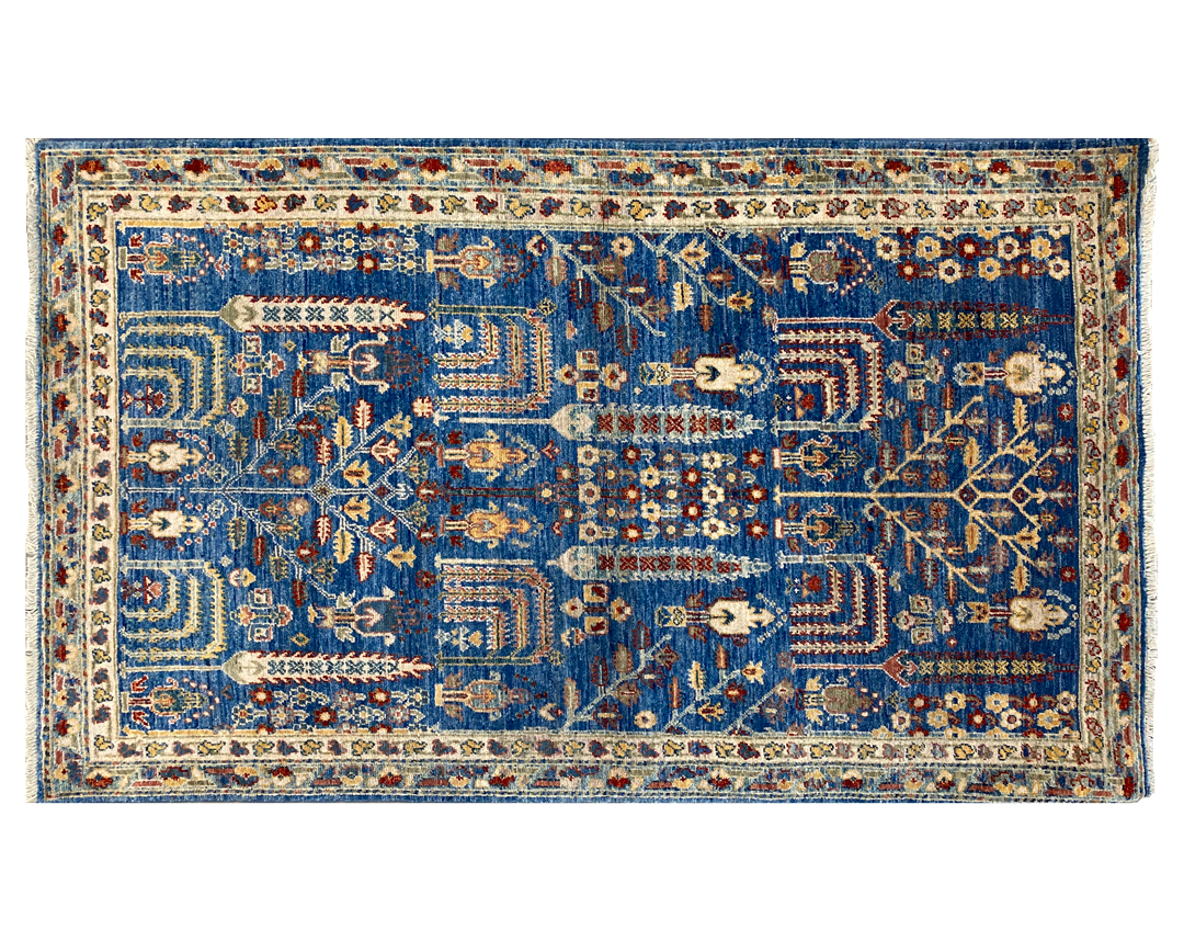 Aryana rug gold border blue base multi tone full detail