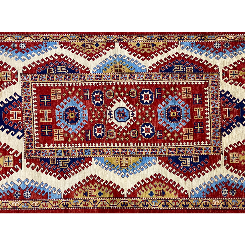 Aryana tribal red navy ivory rug full detail