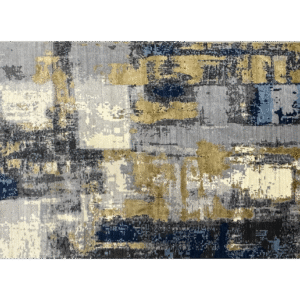 Medium modern 5x8 area rug with contemporary style. Wool with green/gold, blue, and white.