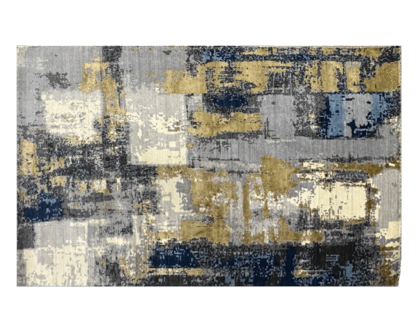 Medium modern 5x8 area rug with contemporary style. Wool with green/gold, blue, and white.