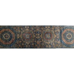 3x10 area rug with a green background and large multicolored geometric shapes.
