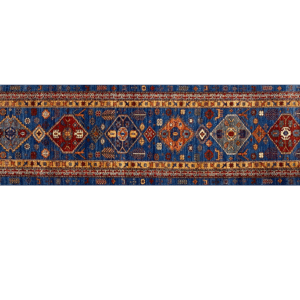Stunning long 3x10 area rug runner with deep blues, orange, and yellows. This rug features a geometric pattern with a border and short fringe.