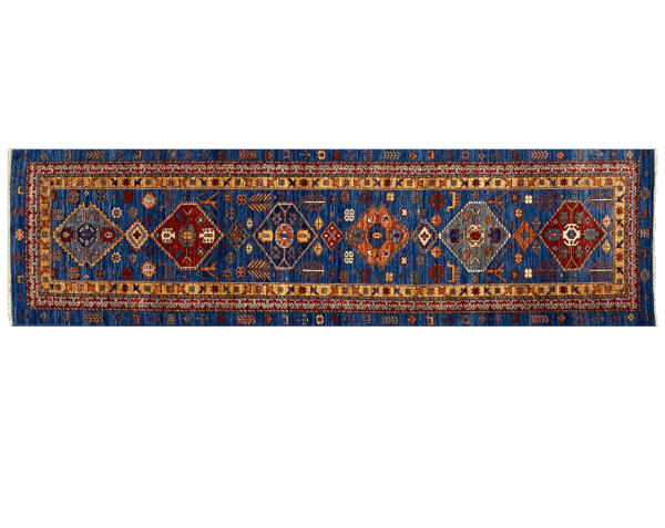 Stunning long 3x10 area rug runner with deep blues, orange, and yellows. This rug features a geometric pattern with a border and short fringe.