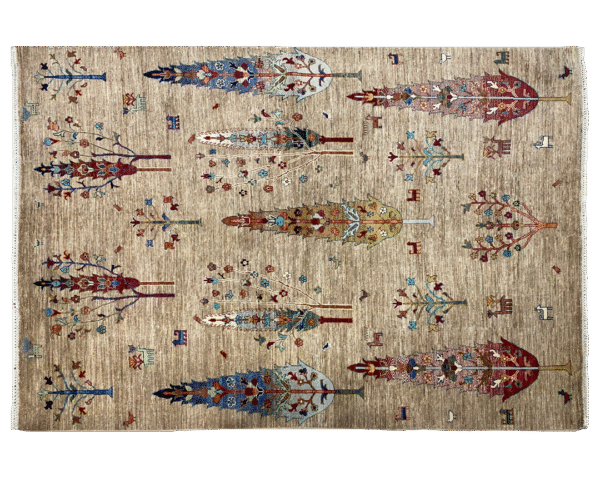 6x9 area rug featuring beautiful trees in blue, red, pink and yellow tones.