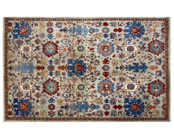 Bright and bold 6x9 area rug with blue and red tones. This area rug is hand-knotted with wool.