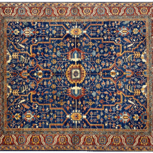 Bold large rug with deep blue and red tones. This area rug is hand-knotted with wool.