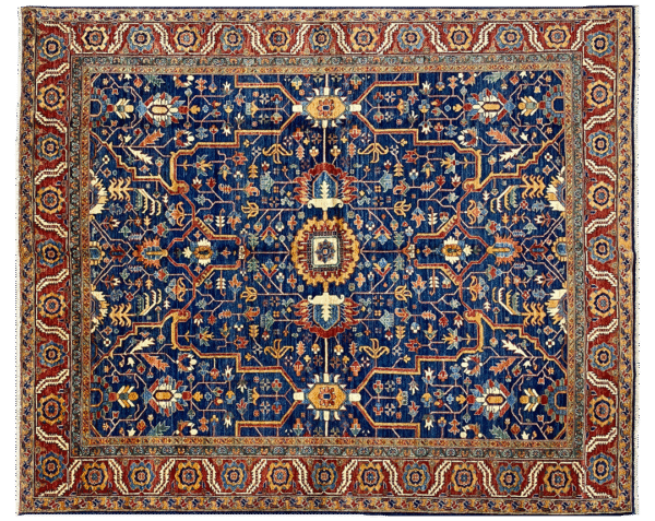 Bold large rug with deep blue and red tones. This area rug is hand-knotted with wool.