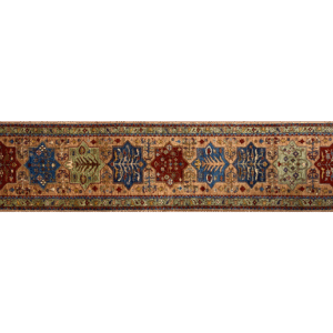 Stunning long 3x10 area rug runner with a gold background. This rug features large geometric shapes with blue and red tones and a border and short fringe.