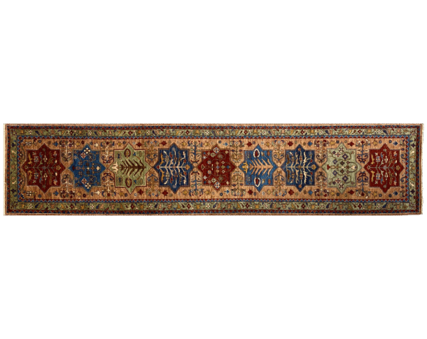 Stunning long 3x10 area rug runner with a gold background. This rug features large geometric shapes with blue and red tones and a border and short fringe.