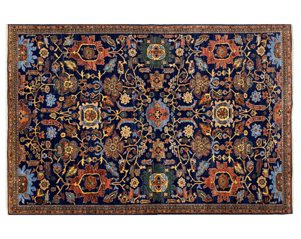 Stunning 6x9 rug with deep blues, orange, and yellows. This rug features a geometric pattern with a border and short fringe.
