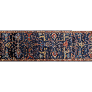Bold long 3x10 area rug runner with a deep blue background, yellow, and red tribal designs. This rug features a geometric pattern with a border and short fringe.