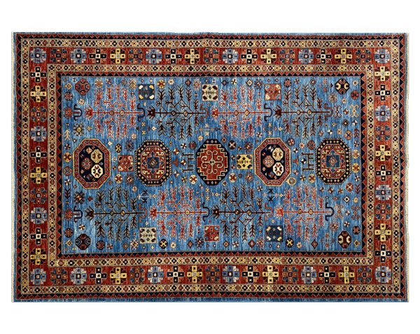 This bold tribal area rug is 6x9 featuring a blue background with tribal geometric shapes with a tribal styled border and short fringe.