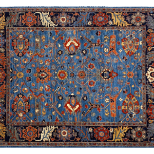 This bold tribal area rug is 8x10 featuring large tribal geometric shapes with bold ocean blue and multicolored tones. This rug is hand knotted with wool.