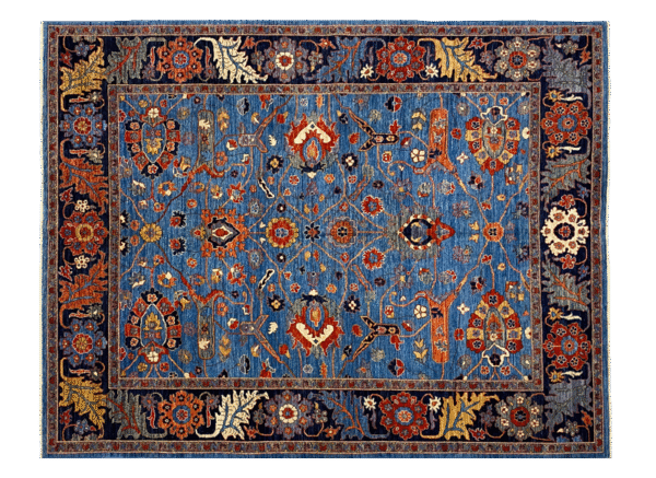 This bold tribal area rug is 8x10 featuring large tribal geometric shapes with bold ocean blue and multicolored tones. This rug is hand knotted with wool.