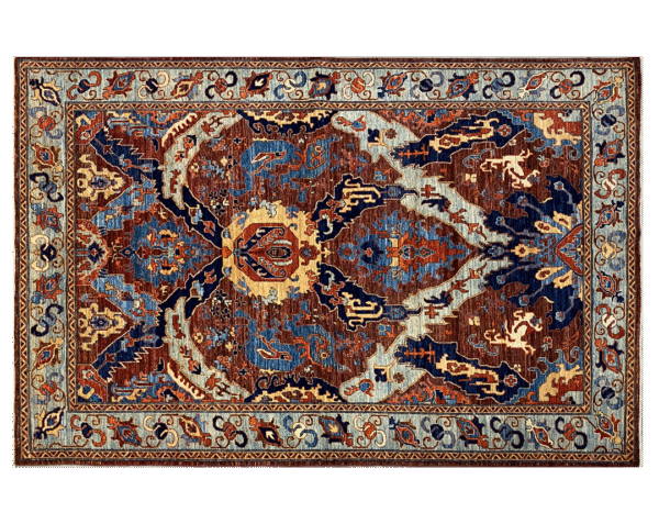 Bold rug with deep blues, reds, and yellow. This rug features a geometric pattern with a border and short fringe.