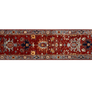 Stunning long 3x10 area rug runner with a deep red background. This rug features a geometric pattern with blue and yellow tones and a border and short fringe.