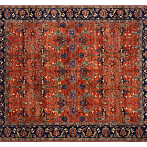 Bold large rug with deep rust tones and a blue border. This area rug is hand-knotted with wool.