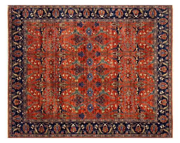 Bold large rug with deep rust tones and a blue border. This area rug is hand-knotted with wool.