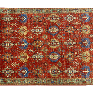 Bold fun large rug with red and rust tones and a green border. This area rug is hand-knotted with wool.