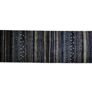 Long Gabbeh 3x10 area rug with a blue background and multicolored tribal designs. This rug is hand-knotted with wool.