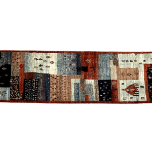 Long Faryab 3x10 area rug with a red, blue, Ivory, and yellow checkard background. This rug is hand-knotted with wool.