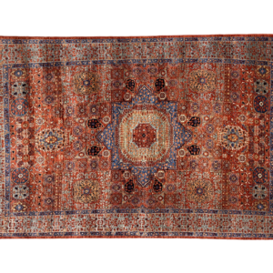 Red rust area rug with a tribal center design. This area rug has a border and has hand-knotted wool rug.