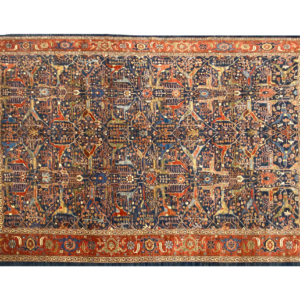 Large tribal 10x14 area rug with a green background and multicolored tribal designs with a large border. This area rug is hand-knotted with wool.