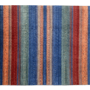 Stunning striped wool rug with green, blue, red and orange stipes. This rug is machine crafted with wool built to last.