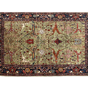 Large 5 x 7 Tribal Aryana area rug with a green background and blue and rust border with short fringe.