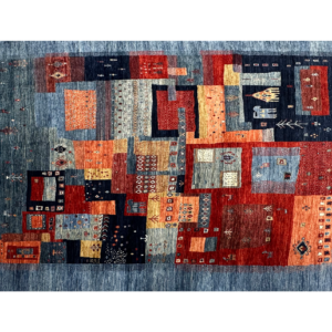 Large bright 8 x 10 area rug with blue, red and orange. This rug has geometric rectangle shapes.