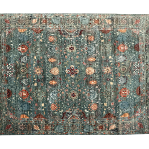 Stunning 8 x 10 area rug with a blue background and multicolored tribal designs. This area rug is hand-knotted with wool.