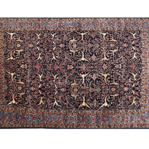 Large 9 x 12 Tribal Faryab area rug with a blue background and blue and rust border with short fringe.