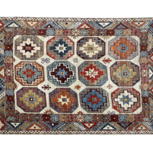 Large 8 x 10 area rug with a navy background and multicolored tribal designs. This rug is hand-knotted with wool.