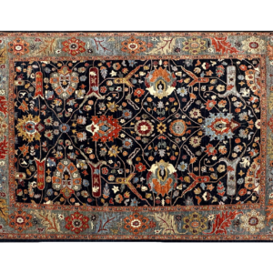 Tribal area rug with navy and red tones. This rug is hand-knotted with wool.