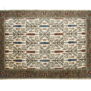 Large 9x12 area rug with an ivory background and multicolored trees and a border.