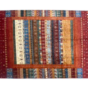 Bright and bold 9x12 area rug with stripes and a border in multicolored tones.