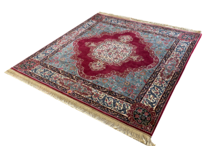 Laver Kerman area rug red base and blue angle