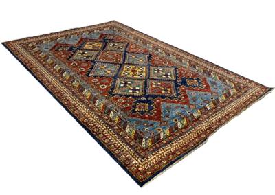 Makmal transitional blue and red rug angle