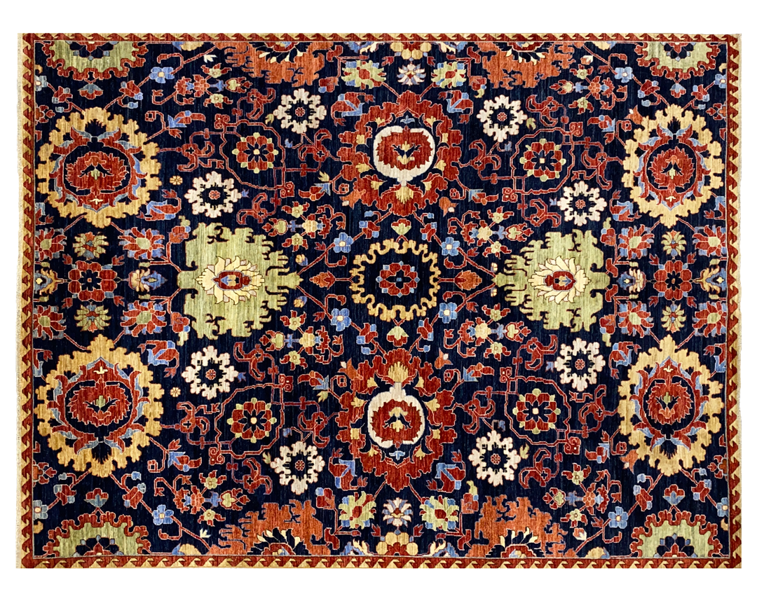 Aryana navy base rug with narrow geo border full detail