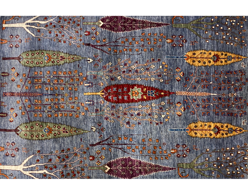 Luri blue base tribal rug with trees full detail