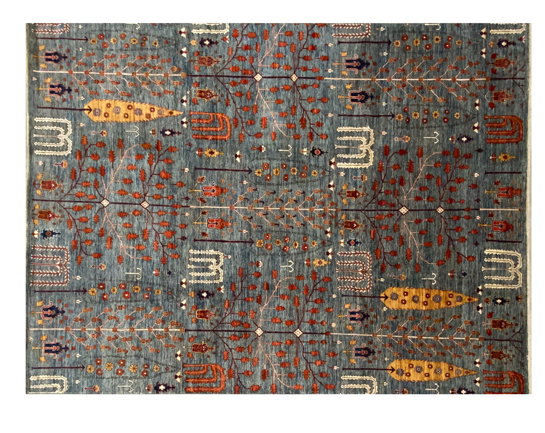 Aryana tribal rug with trees in blue background full detail